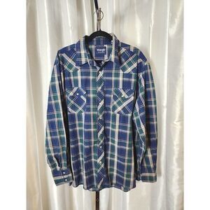 VTG Wrangler Size 2XT Tall Blue Green Plaid Western Shirt Pearl Snap Long Sleeve